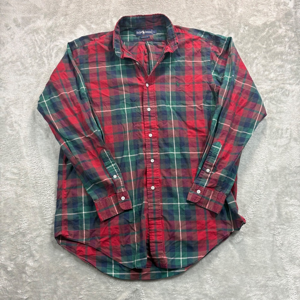 Ralph Lauren Button Down Mens Large Red Green Plaid Cotton Long Sleeve Pony Logo